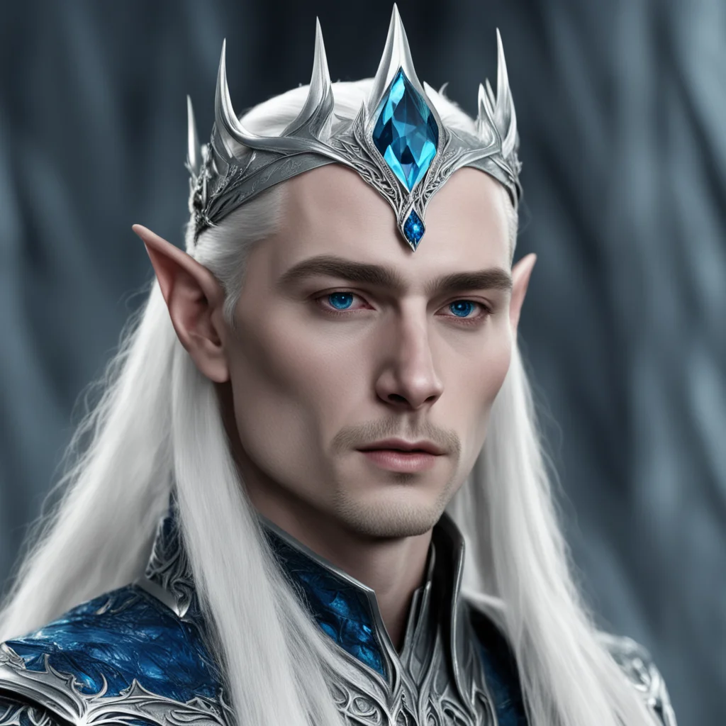 thranduil wearing small silver circlet with blue diamond confident engaging wow artstation art 3