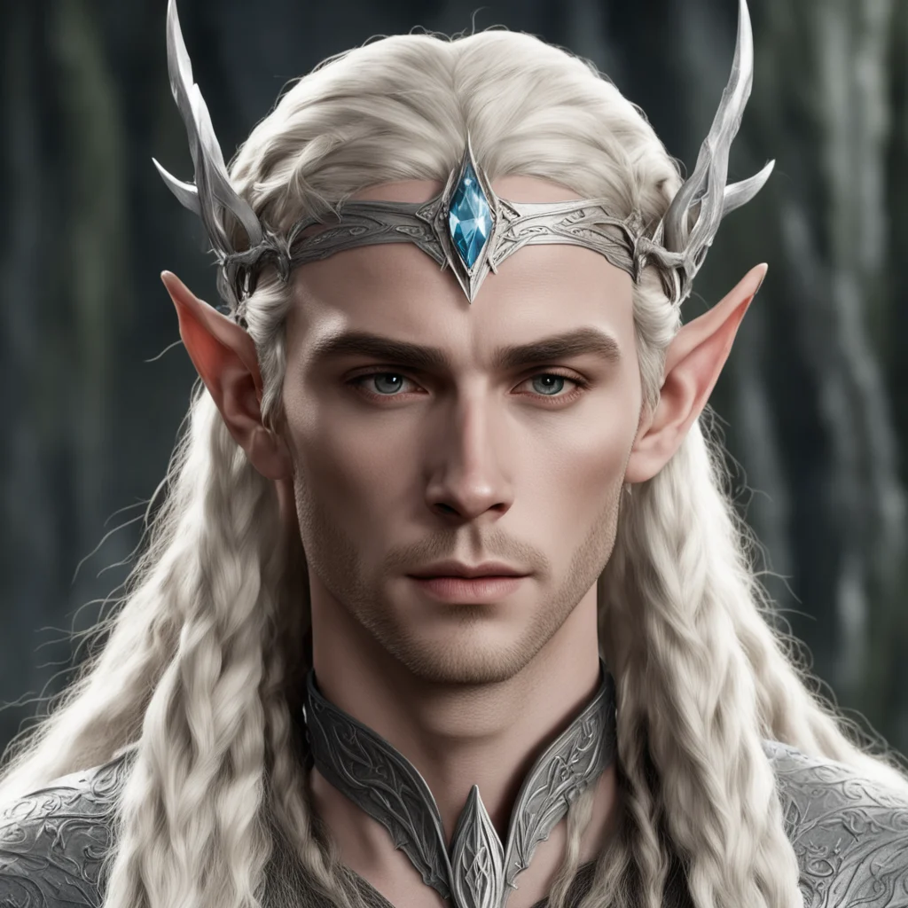 thranduil with blond hair and braids wearing silver wood elf circlet with large center diamond