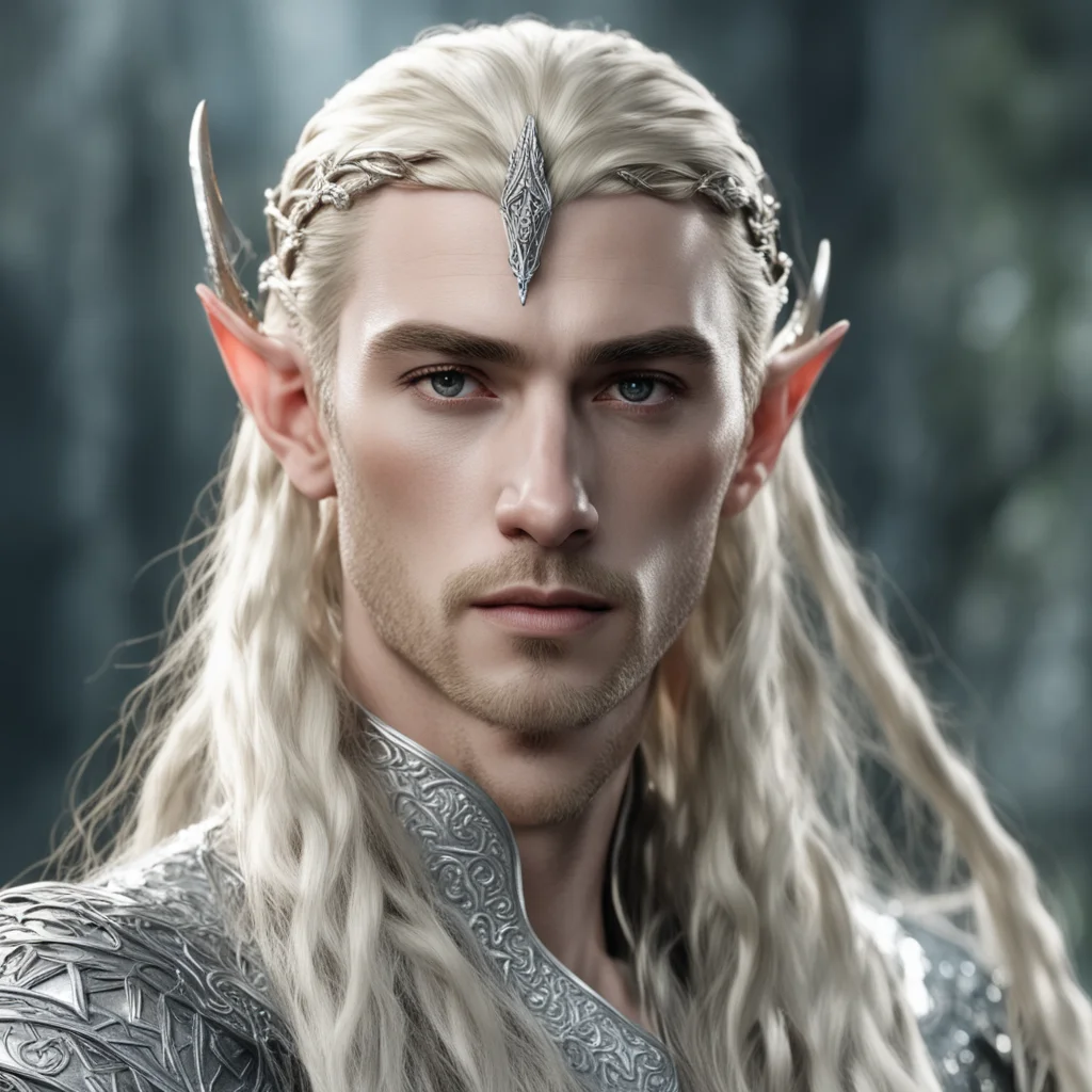 thranduil with blond hair with braids wearing silver elven circlet encrusted with diamonds confident engaging wow artstation art 3
