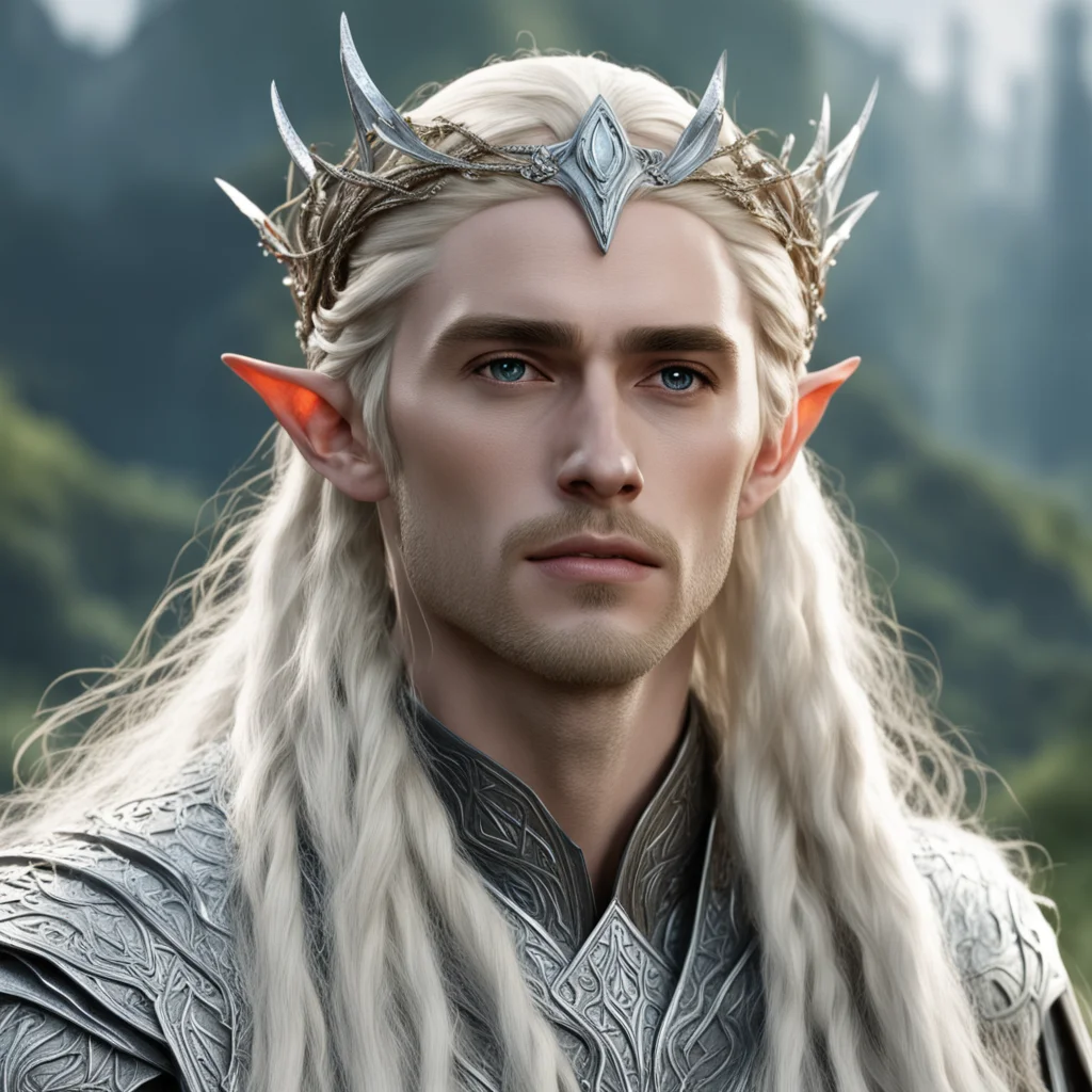 thranduil with blond hair with braids wearing silver elven circlet encrusted with diamonds good looking trending fantastic 1