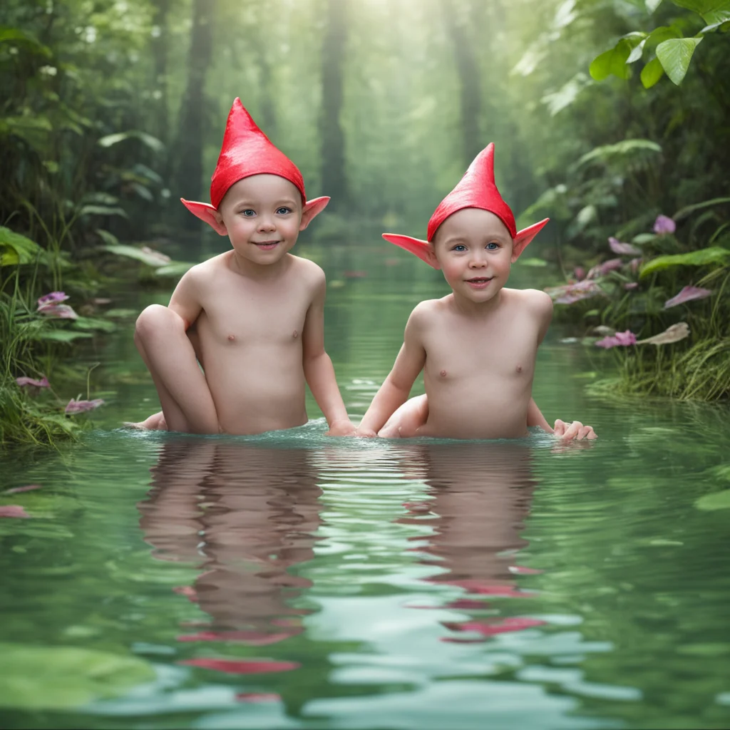three elfs bathing in a large pond 