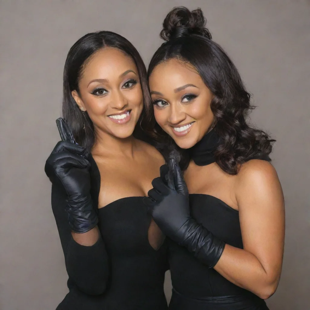 tia and tamera mowry smiling with black gloves and gun