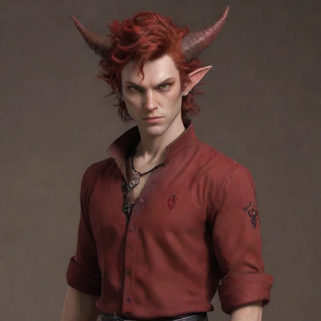 tiefling male shirt red and hair brown red eyes