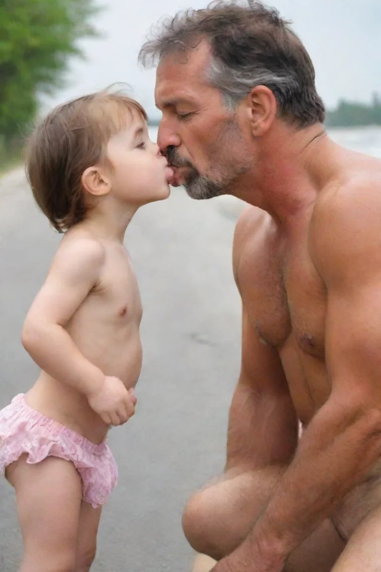 aitiny little girl without shirt kisses a grown man portrait
