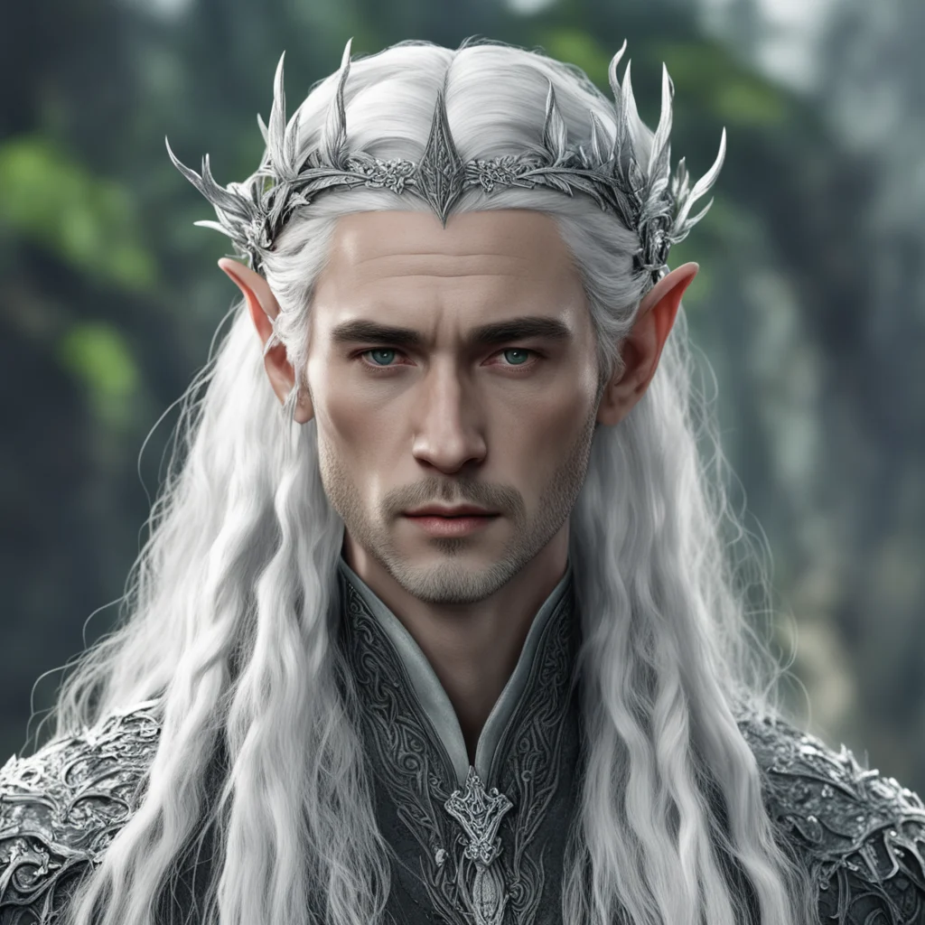 tolkien  king thranduil with silver hair with braids wearing silver flower elvish circlet encrusted with diamonds  confident engaging wow artstation art 3
