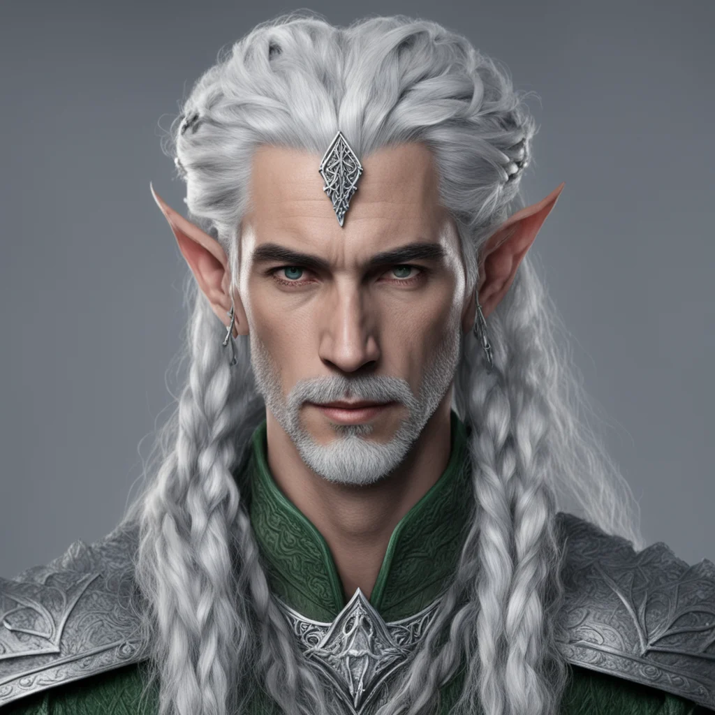 tolkien high lord sindar male elf with gray hair and braids wearing silver serpentine elvish circlet with large center diamond good looking trending fantastic 1