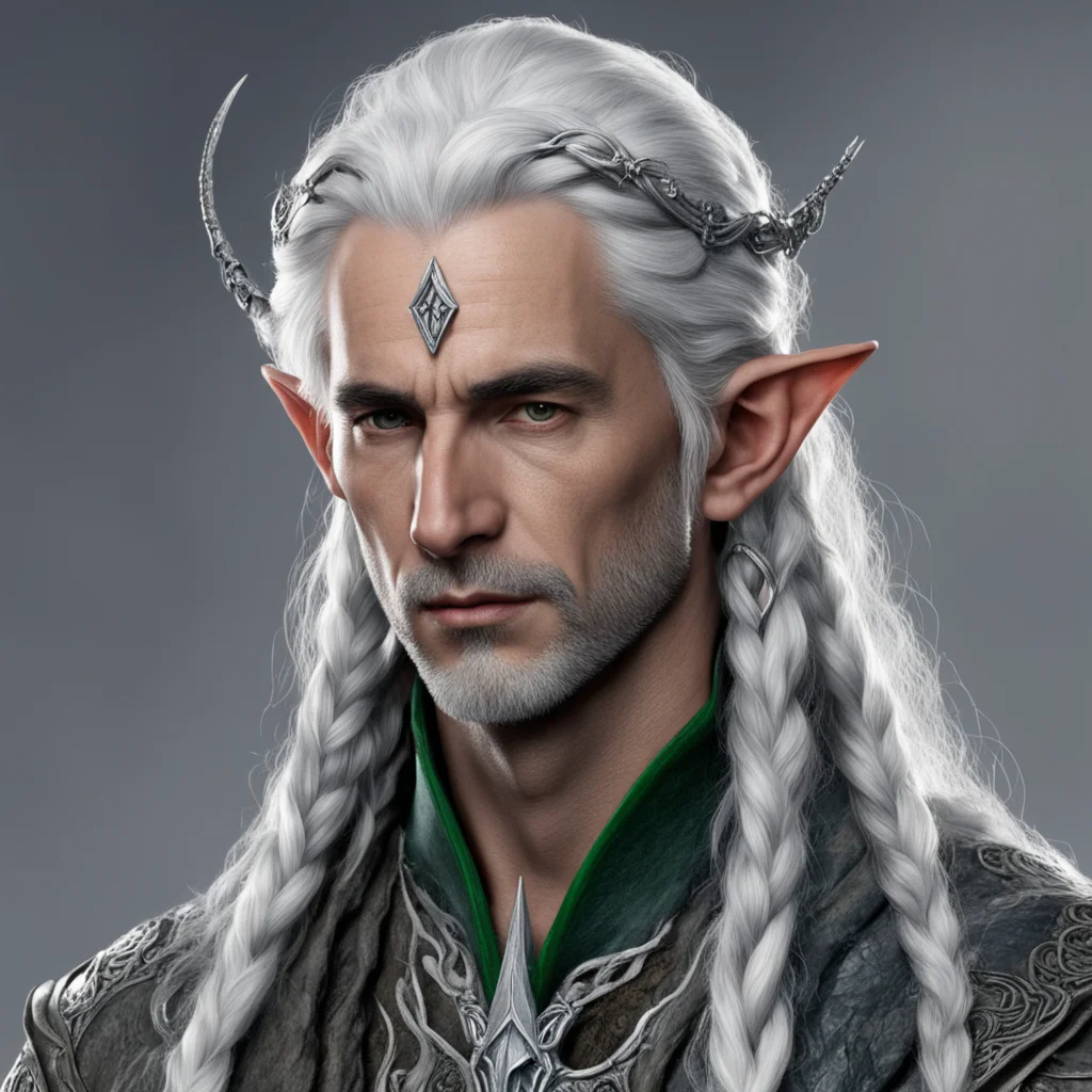 tolkien high lord sindar male elf with gray hair and braids wearing silver serpentine elvish circlet with large center diamond
