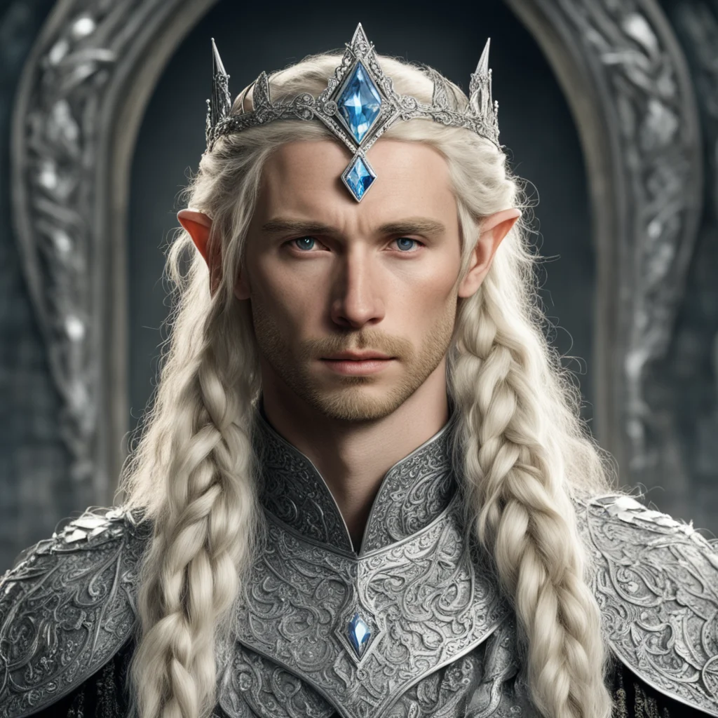 tolkien king amdir  with blond hair and braids wearing silver elvish circlet encrusted with large diamonds with large center diamond amazing awesome portrait 2