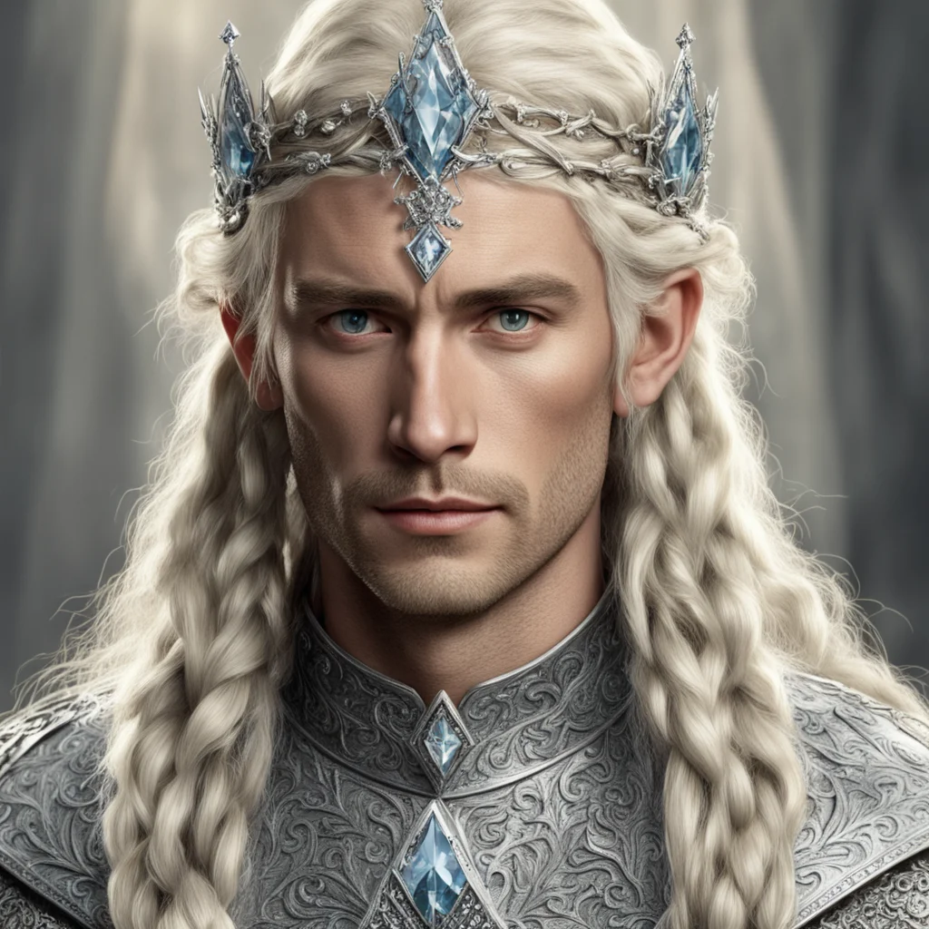 tolkien king amdir  with blond hair and braids wearing silver elvish circlet encrusted with large diamonds with large center diamond good looking trending fantastic 1