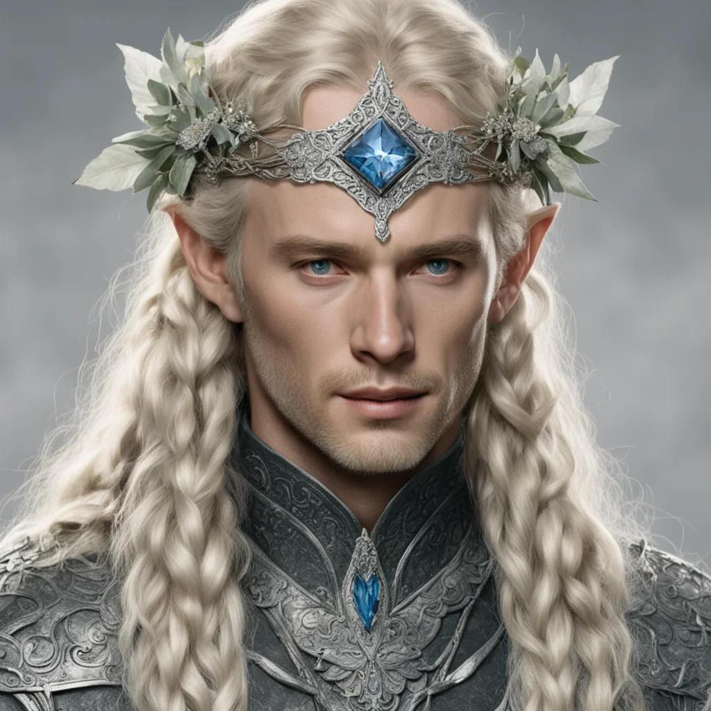 aitolkien king amdir with blond hair and braids wearing silver flower serpentine sindarin elvish circlet encrusted with diamonds with large center diamond  amazing awesome portrait 2
