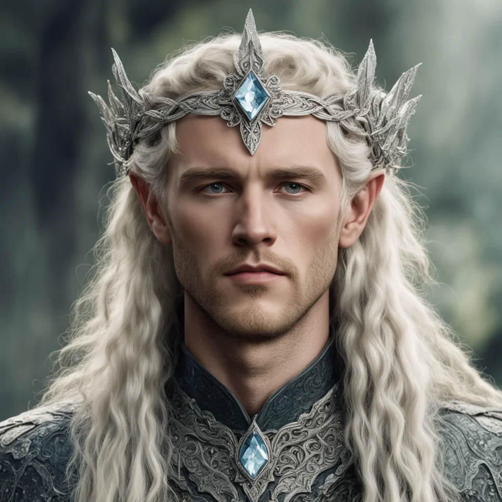 tolkien king amdir with blond hair and braids wearing silver flower serpentine sindarin elvish circlet encrusted with diamonds with large center diamond  good looking trending fantastic 1