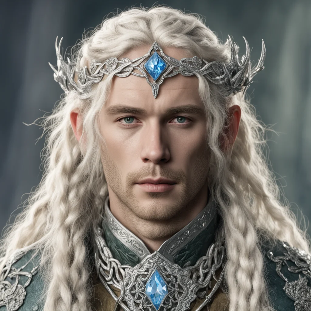 tolkien king amdir with blond hair and braids wearing silver flower serpentine sindarin elvish circlet encrusted with diamonds with large center diamond 