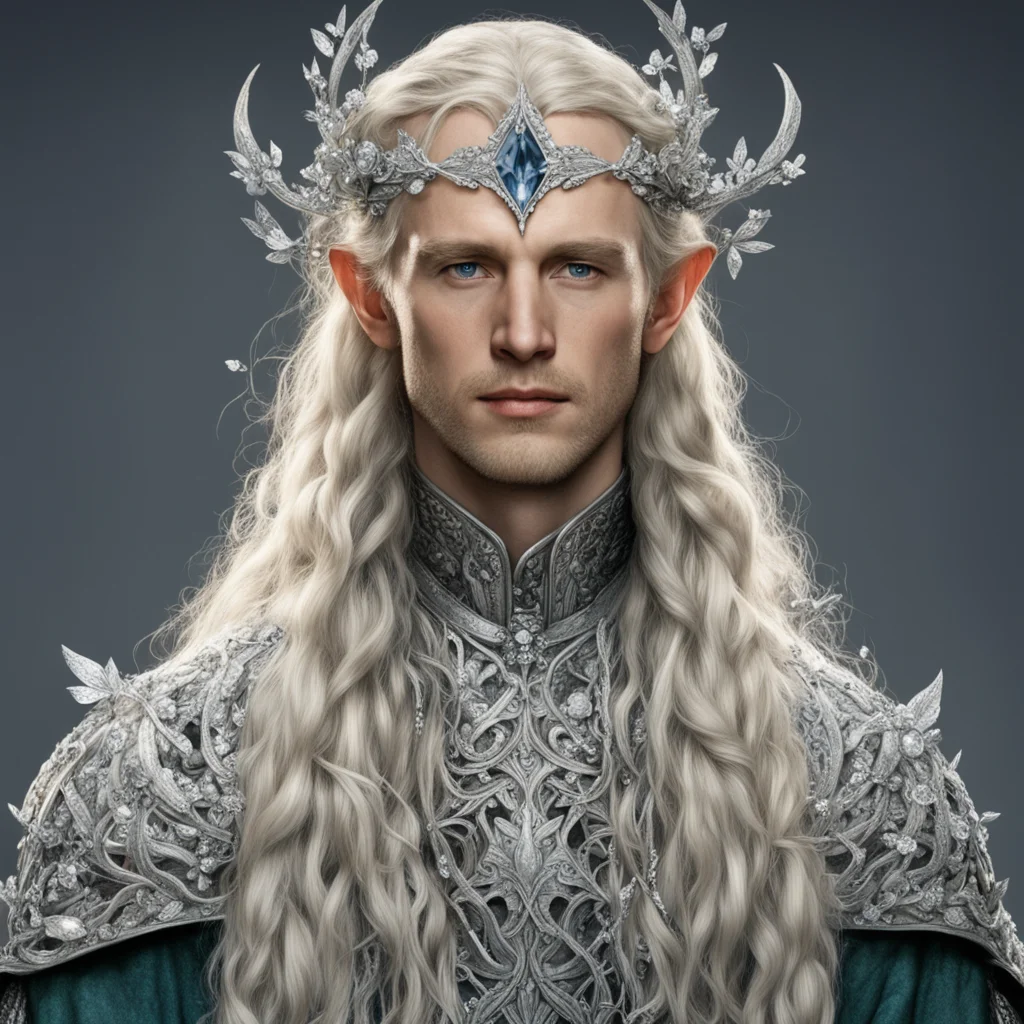 tolkien king amdir with blond hair and braids wearing silver flowers encrusted with diamonds forming a silver serpentine elvish circlet encrusted with diamonds with large center diamond