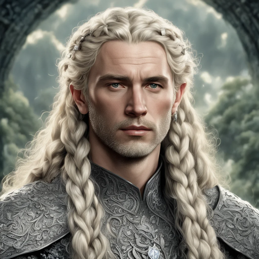 tolkien king amdir with blond hair and braids wearing silver holly leaves encrusted with diamonds with large center diamond amazing awesome portrait 2