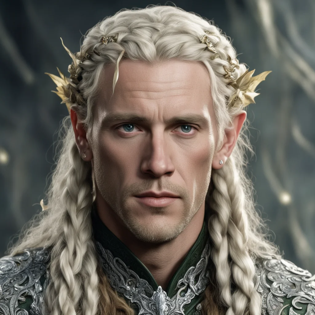 tolkien king amdir with blond hair and braids wearing silver holly leaves encrusted with diamonds with large center diamond confident engaging wow artstation art 3