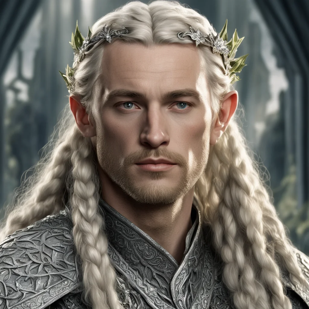 tolkien king amdir with blond hair and braids wearing silver holly leaves encrusted with diamonds with large center diamond good looking trending fantastic 1