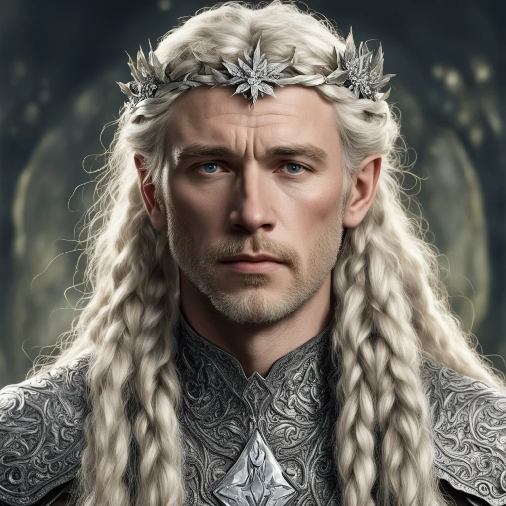 aitolkien king amdir with blond hair and braids wearing silver holly leaves encrusted with diamonds with large center diamond