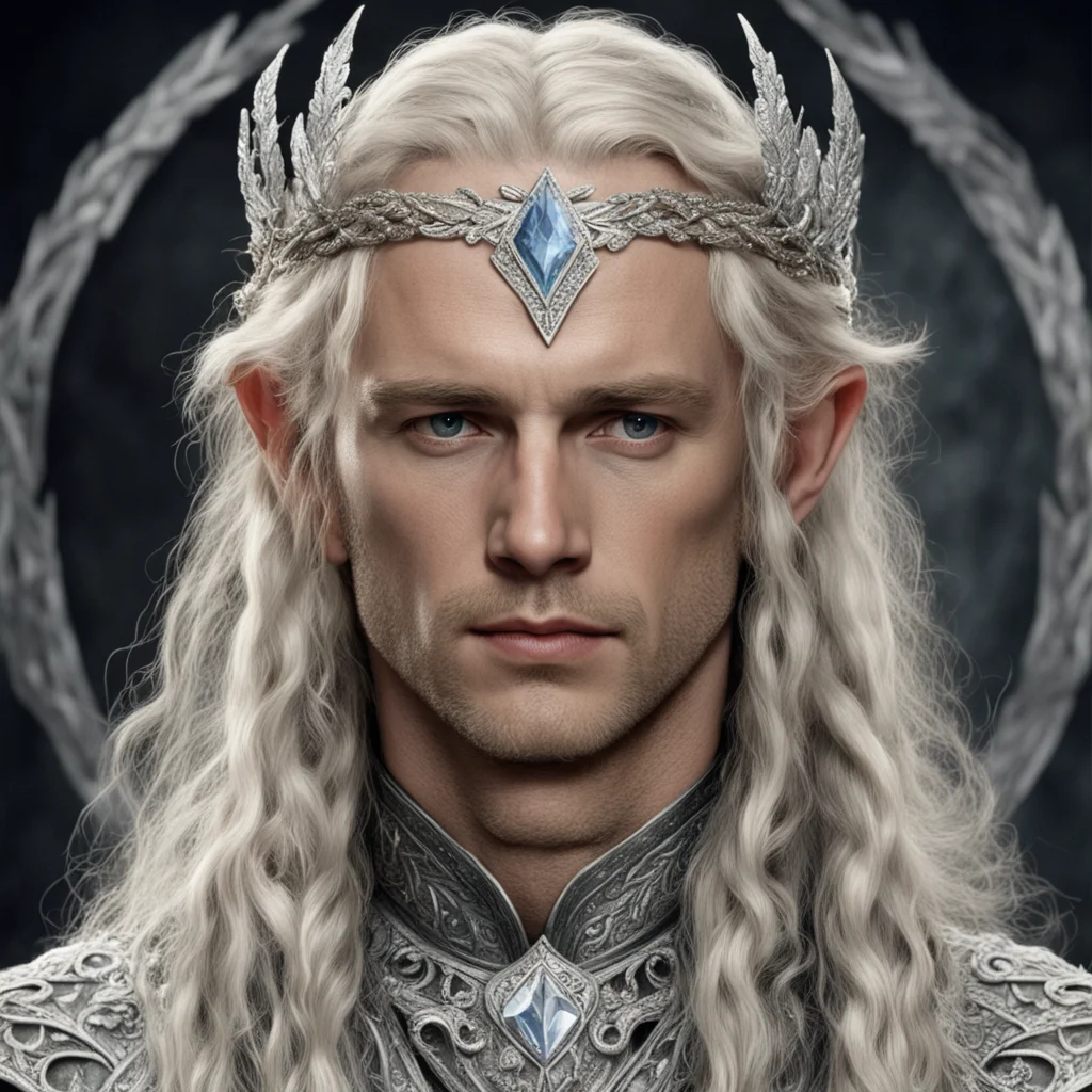 tolkien king amdir with blond hair and braids wearing silver laurel leaves encrusted with diamonds with clusters of diamonds to form a silver elvish circlet with large center diamond