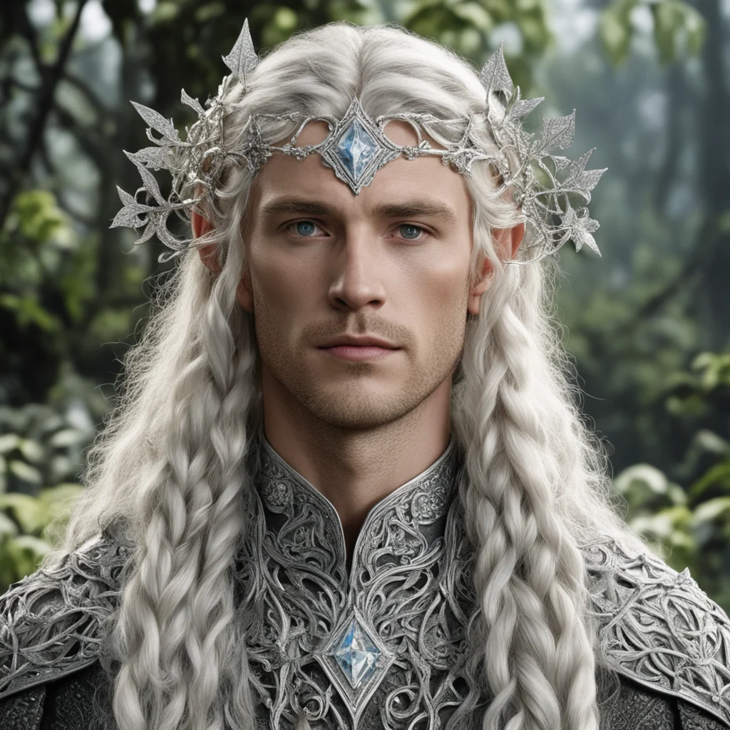 tolkien king amdir with blond hair and braids wearing silver leafy vines encrusted with diamonds to form silver elvish circlet with large center diamond good looking trending fantastic 1