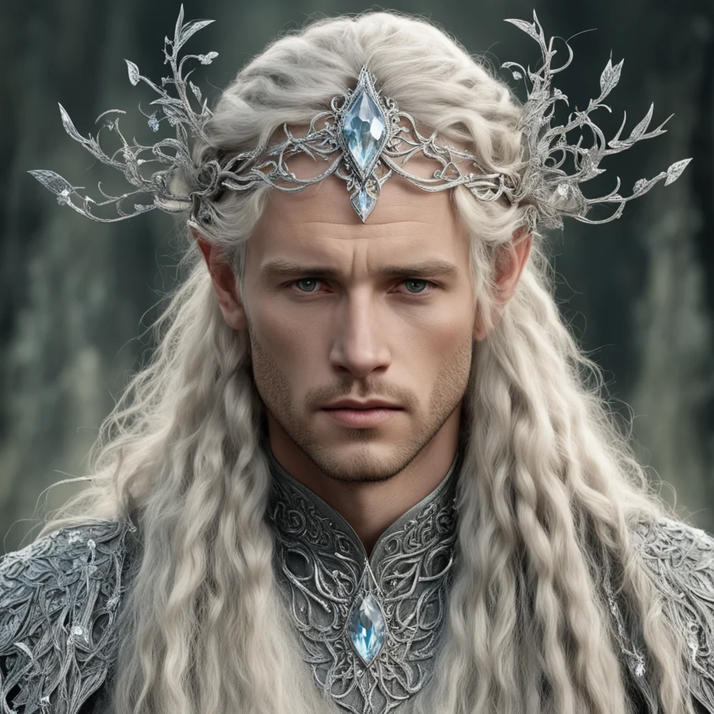 tolkien king amdir with blond hair and braids wearing silver leafy vines encrusted with diamonds to form silver elvish circlet with large center diamond