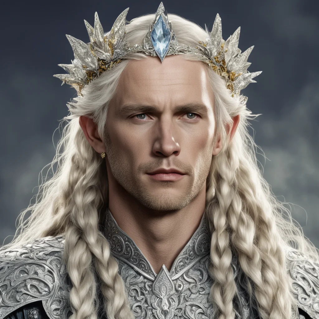 tolkien king amdir with blond hair and braids wearing silver orchids encrusted with diamonds forming a silver elvish circlet with large center diamond 