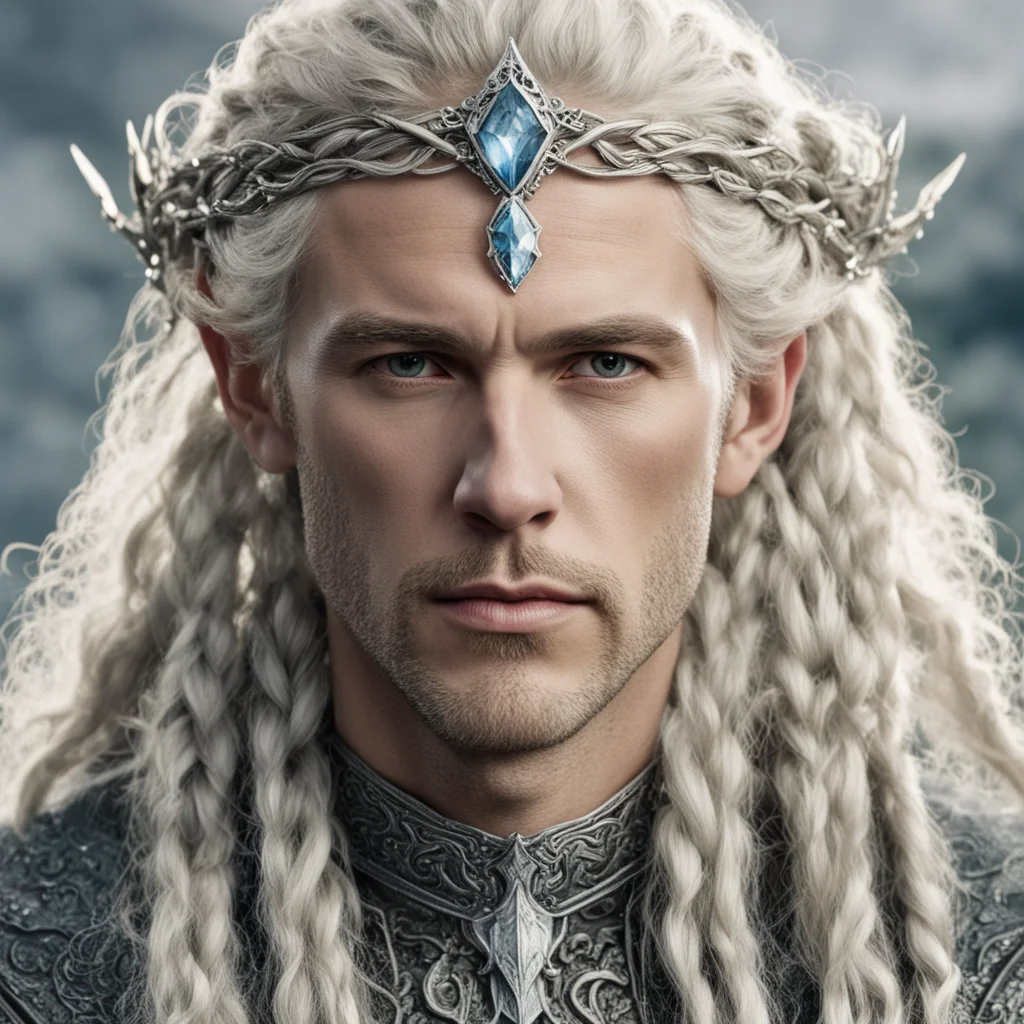 tolkien king amdir with blond hair and braids wearing silver serpentine elvish circlet encrusted with diamonds with large center diamond  good looking trending fantastic 1