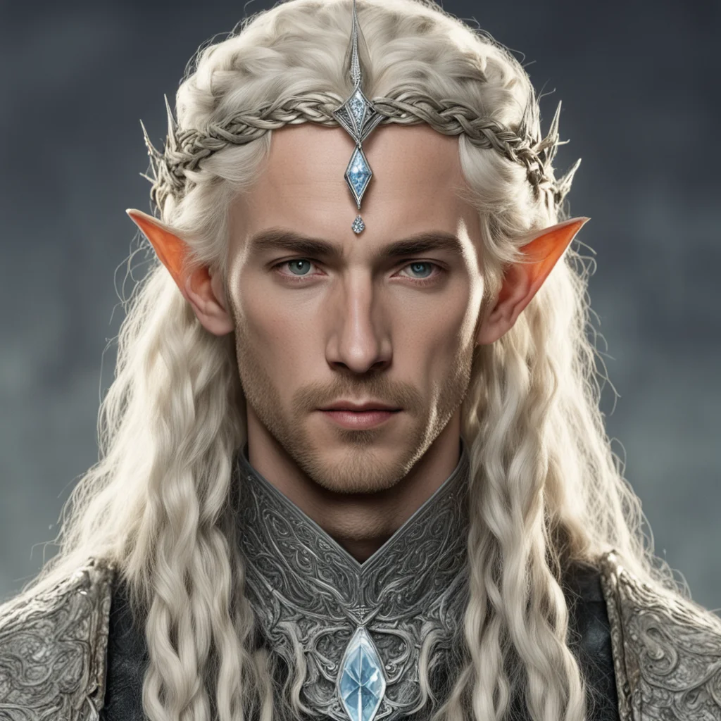 tolkien king amdir with blond hair and braids wearing silver serpentine elvish circlet encrusted with diamonds with large center diamond 