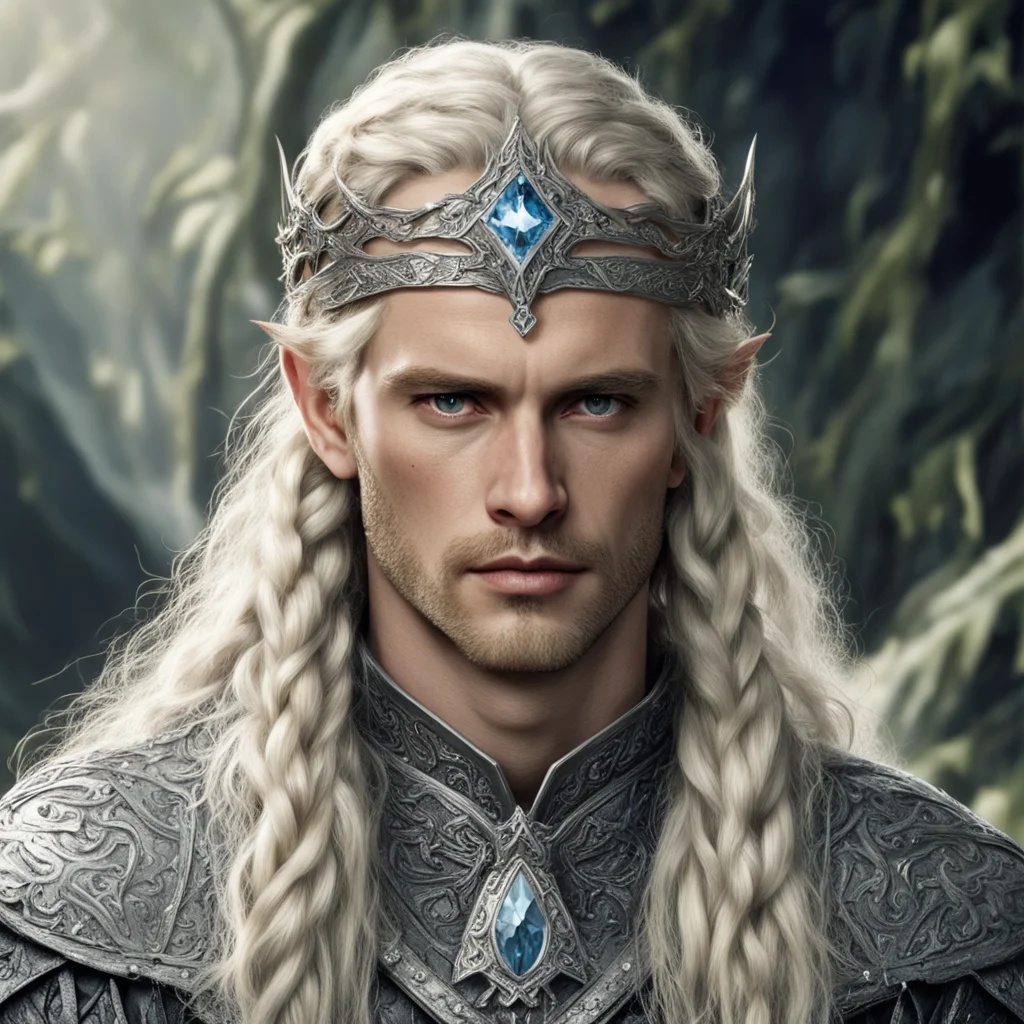 tolkien king amdir with blond hair and braids wearing silver serpentine elvish circlet encrusted with diamonds with large center diamond good looking trending fantastic 1