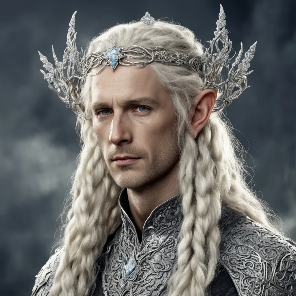 tolkien king amdir with blond hair and braids wearing silver serpentine flowers encrusted with diamonds intertwined to form a silver sindarin elvish circlet with large center diamond 