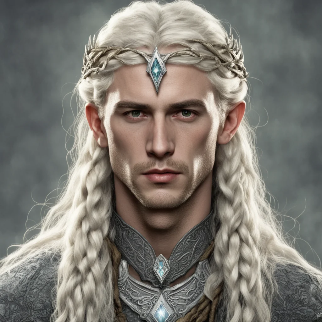 tolkien king amdir with blond hair and braids wearing silver serpentine sindarin elvish circlet with large center diamond