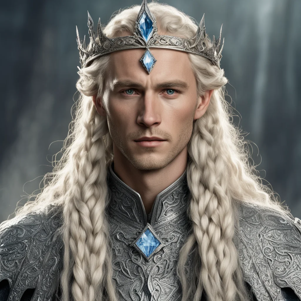 tolkien king amdir with blond hair and braids wearing silver sindarin elvish crown encrusted with diamonds with large center diamond  confident engaging wow artstation art 3