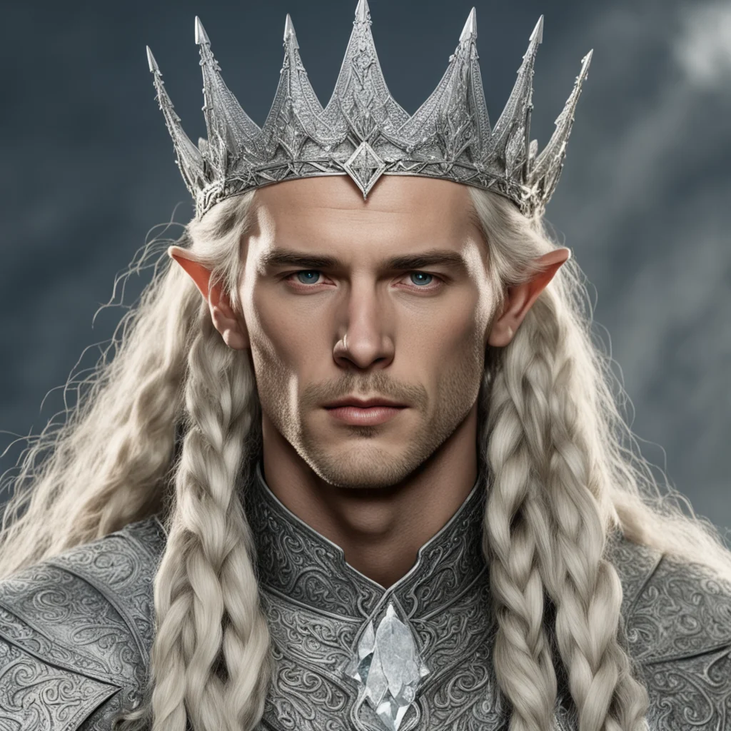 tolkien king amdir with blond hair and braids wearing silver sindarin elvish crown encrusted with diamonds with large center diamond  good looking trending fantastic 1