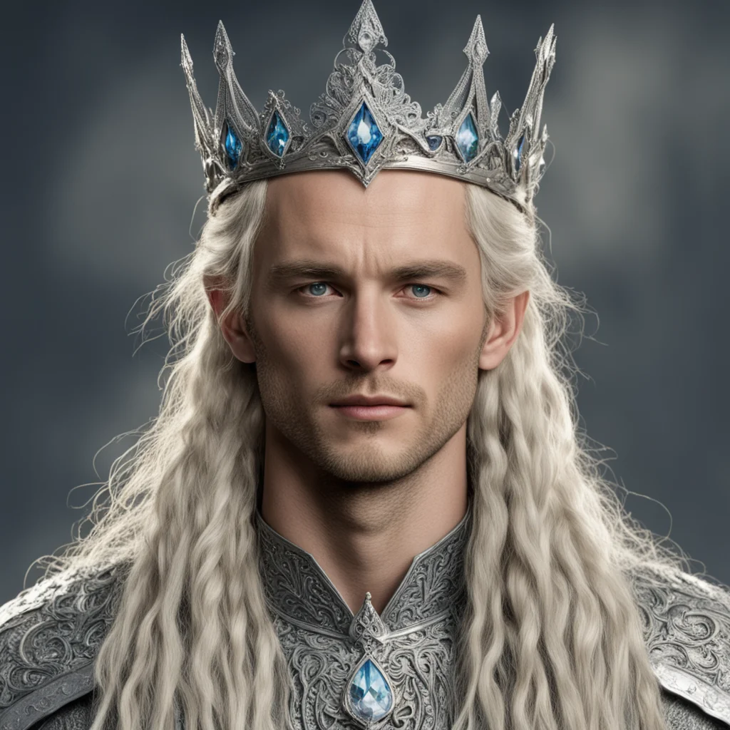 tolkien king amdir with blond hair and braids wearing silver sindarin elvish crown encrusted with diamonds with large center diamond 