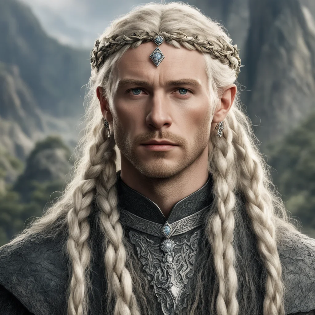 tolkien king amdir with blond hair and braids wearing silver twig and diamond berry with large center diamond