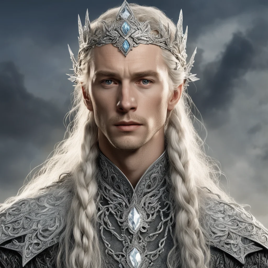 tolkien king amdir with blond hair and braids wearing silver vines encrusted with diamonds forming a silver elvish circlet with large center diamond 