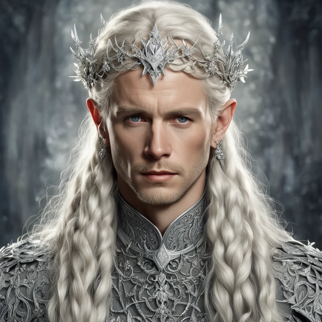 tolkien king amdir with blond hair and braids wearing silver vines encrusted with diamonds with silver flowers encrusted with diamonds forming a silver elvish circlet with large center diamond 