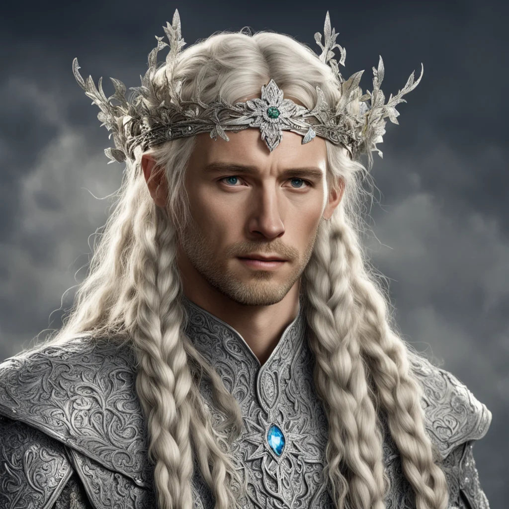 tolkien king amdir with blond hair and braids wearing silver vines encrusted with diamonds with silver flowers encrusted with diamonds forming a silver elvish circlet with large center diamond