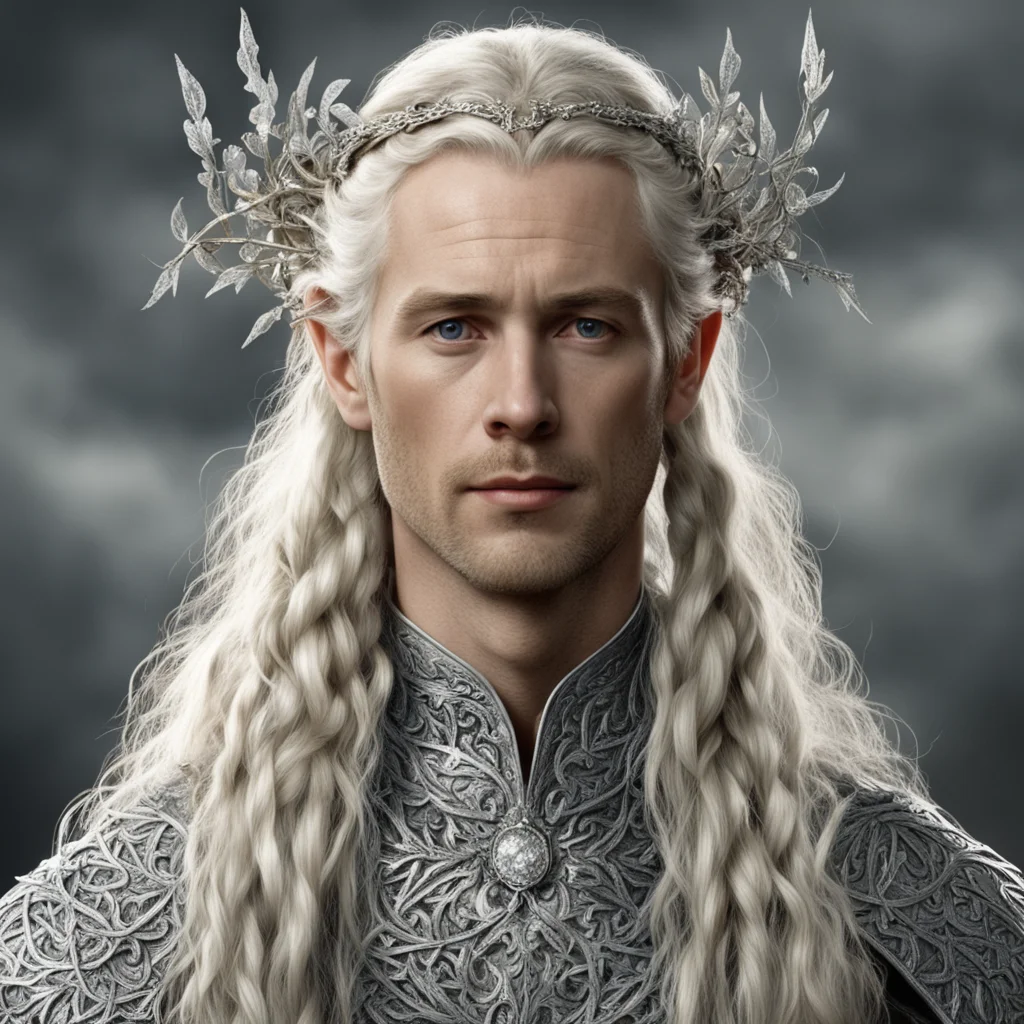 tolkien king amdir with blond hair and braids wearing silver vines will small silver leaves encrusted with diamonds to make a small silver elvish circlet with large center diamond