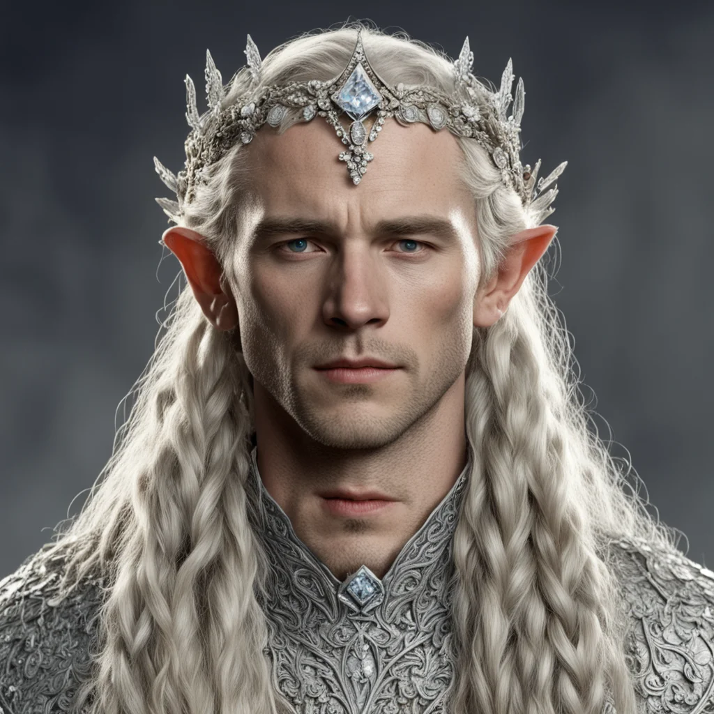 tolkien king amdir with blond hair and braids wearing small silver flowers encrusted with diamonds to form small silver elvish circlet with large center diamond  amazing awesome portrait 2