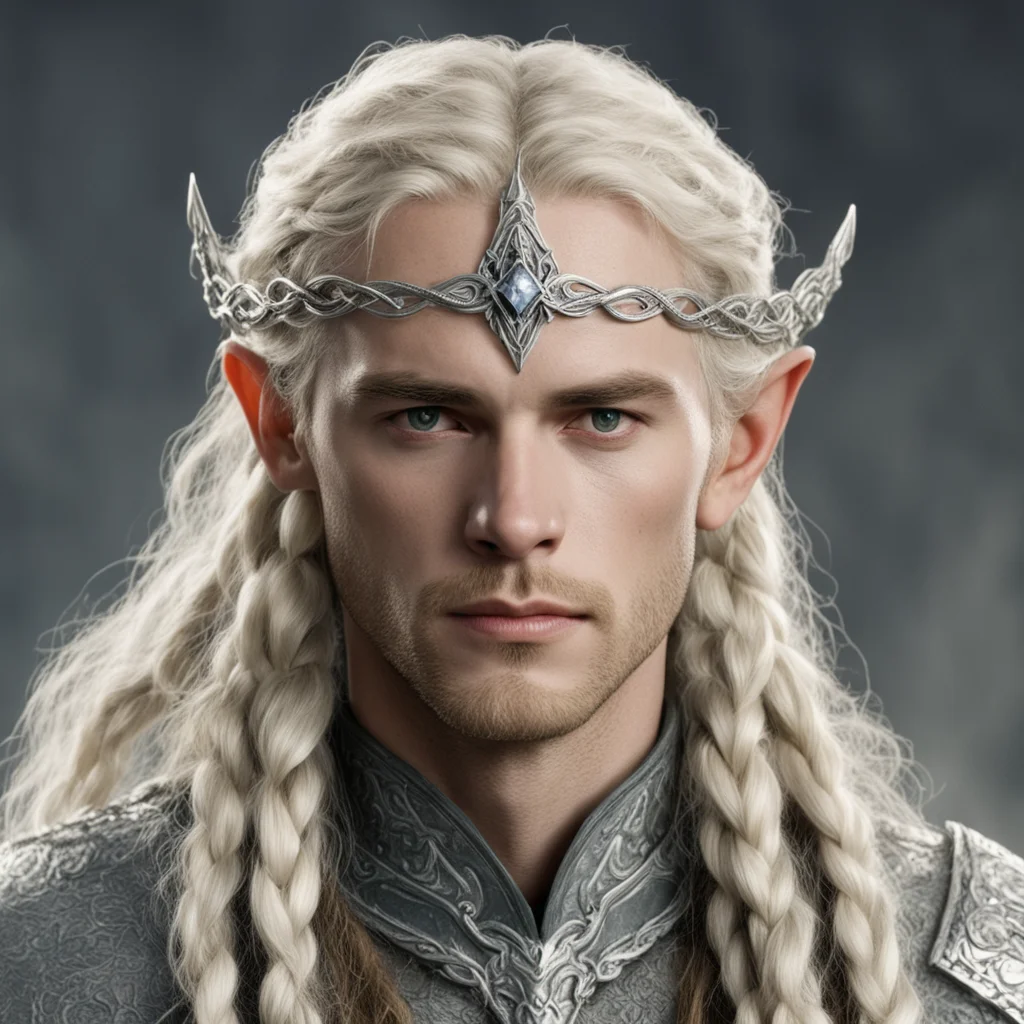 tolkien king amdir with blond hair and braids wearing small silver serpentine elvish circlet with large center diamond confident engaging wow artstation art 3