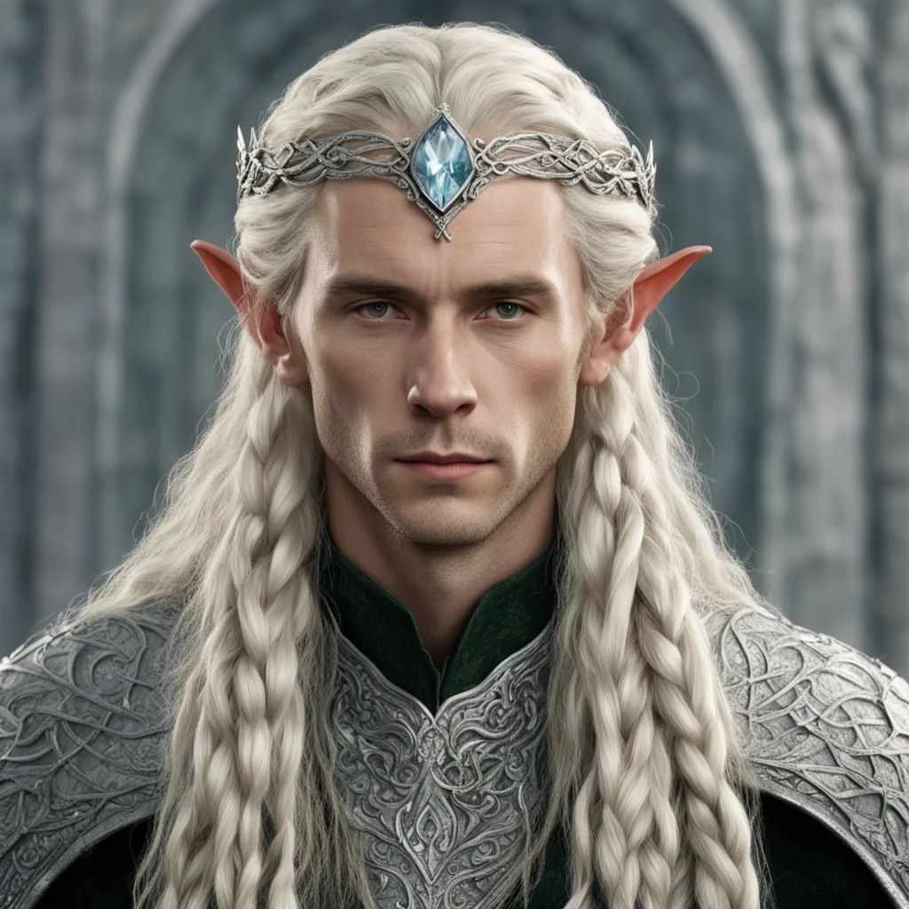 tolkien king amdir with blond hair and braids wearing small silver serpentine elvish circlet with large center diamond good looking trending fantastic 1