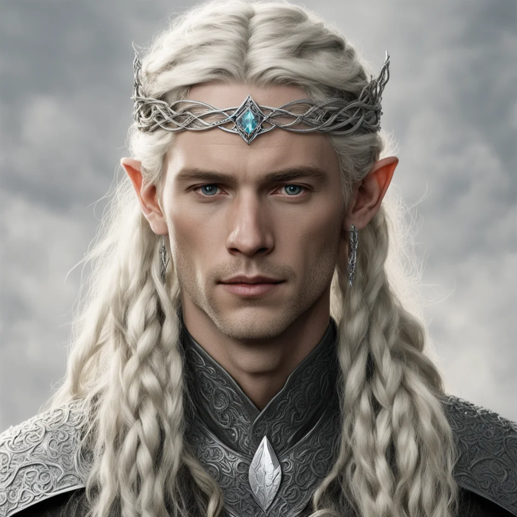 tolkien king amdir with blond hair and braids wearing small silver serpentine elvish circlet with large center diamond