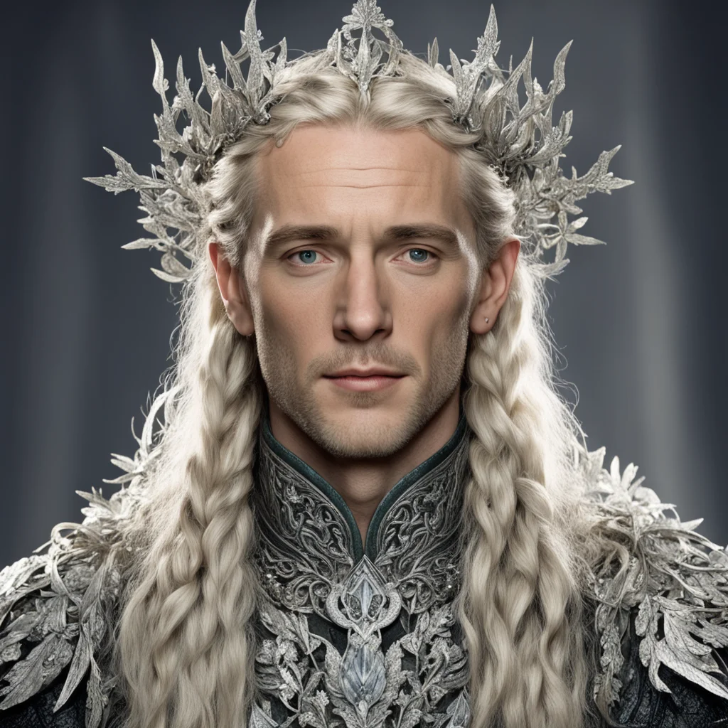tolkien king amdir with blond hair and braids with silver oak leaves encrusted with diamonds with diamond clusters to form a silver elvish coronet with large center diamond 
