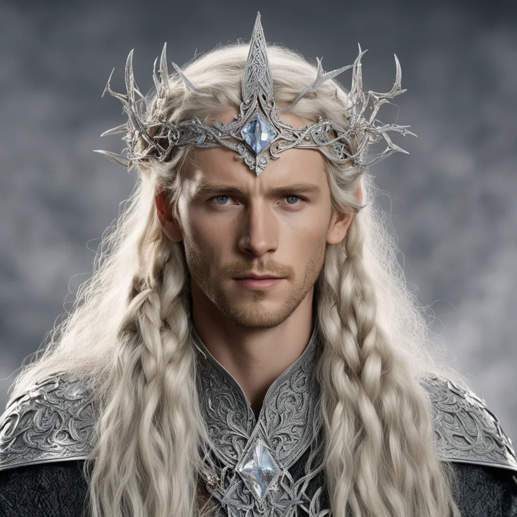 tolkien king amdir with blond hair and braids with silver twigs encrusted with diamonds to form a silver sindarin elvish circlet with large center diamond  amazing awesome portrait 2