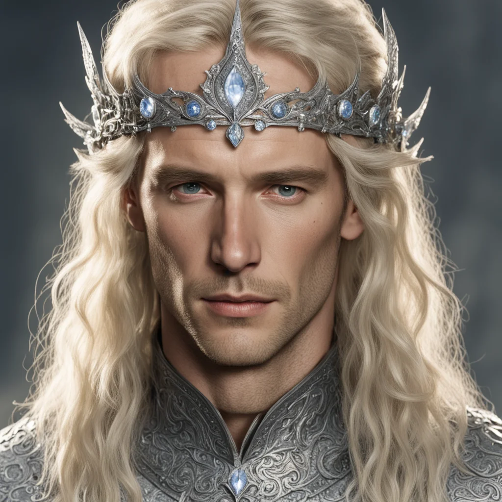 tolkien king amdir with blond hair wearing silver sindarin elvish circlet encrusted with diamonds good looking trending fantastic 1
