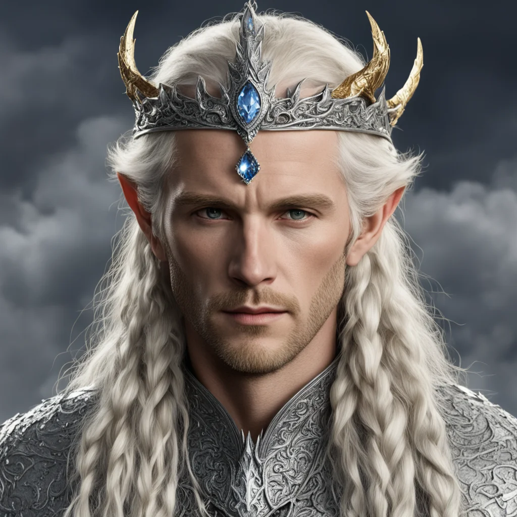 tolkien king amdir with blond hair with braids wearing silver fiery dragon silver elvish circlet encrusted with diamonds with large center diamond amazing awesome portrait 2