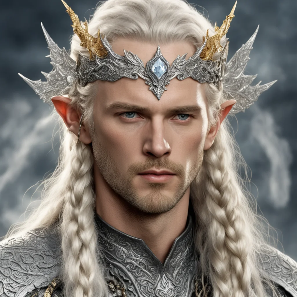 tolkien king amdir with blond hair with braids wearing silver fiery dragon silver elvish circlet encrusted with diamonds with large center diamond good looking trending fantastic 1