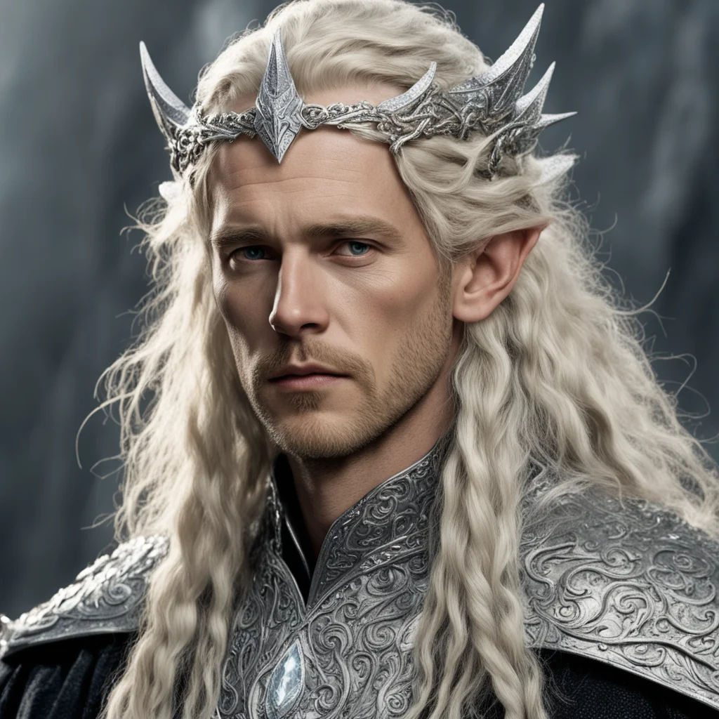tolkien king amdir with blond hair with braids wearing silver fiery dragon silver elvish circlet encrusted with diamonds with large center diamond