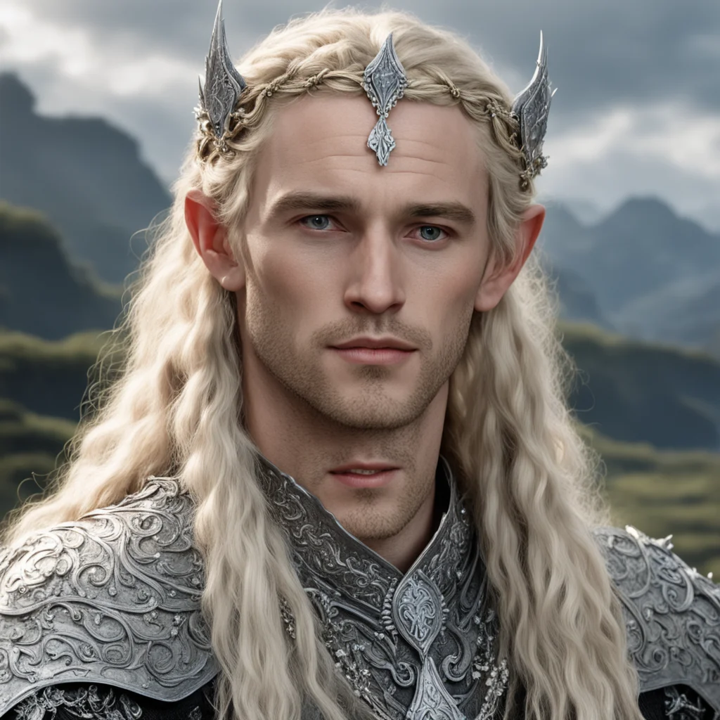 tolkien king amdir with blond hair with braids wearing silver flower elvish circlet encrusted with diamonds confident engaging wow artstation art 3