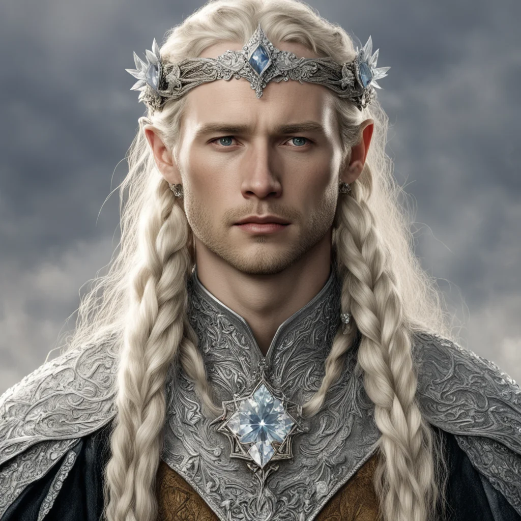 tolkien king amdir with blond hair with braids wearing silver flower elvish circlet encrusted with diamonds with large center diamond  amazing awesome portrait 2